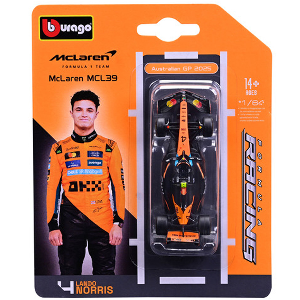 Bburago: McLaren MCL39 Norris F1 (2025) pretekársky automobil, kovový model v mierke 1/64 (Lando Norris #4)