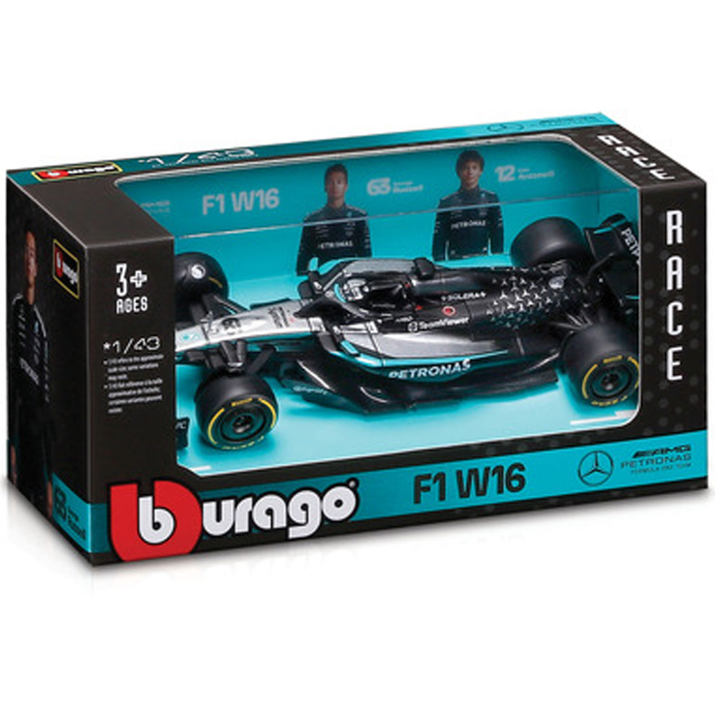 Bburago: Mercedes-AMG Petronas F1 W16 Russell F1 pretekárske auto kovový model 1/43 (George Russell #63)
