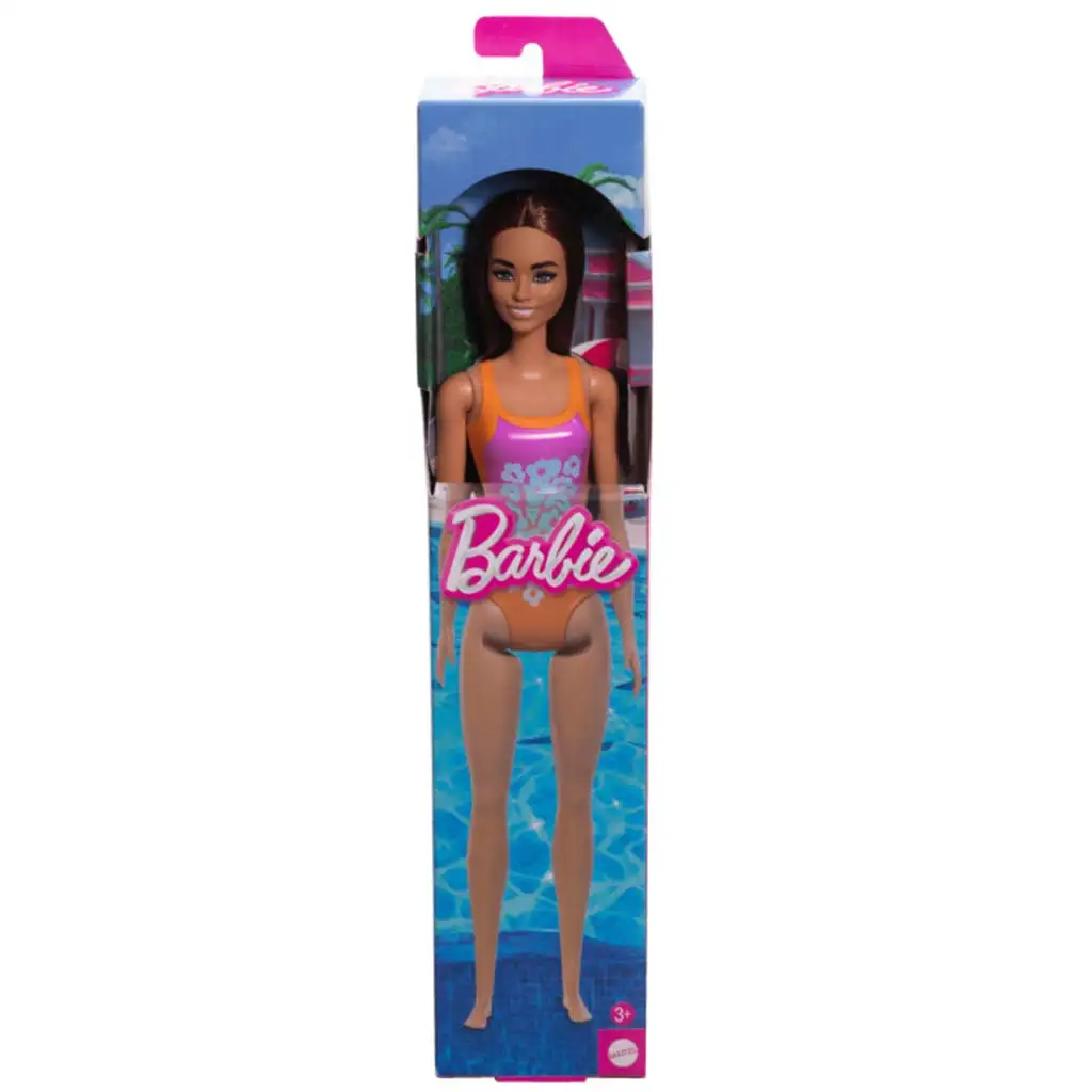 Barbie Beach bábika v fialovej farbe, s vzorovanými plavkami - Mattel