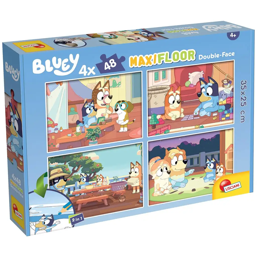 Bluey a priatelia 2 v 1 4x48-dielne maxi podlahové puzzle a omaľovánka 35x25 cm - Lisciani