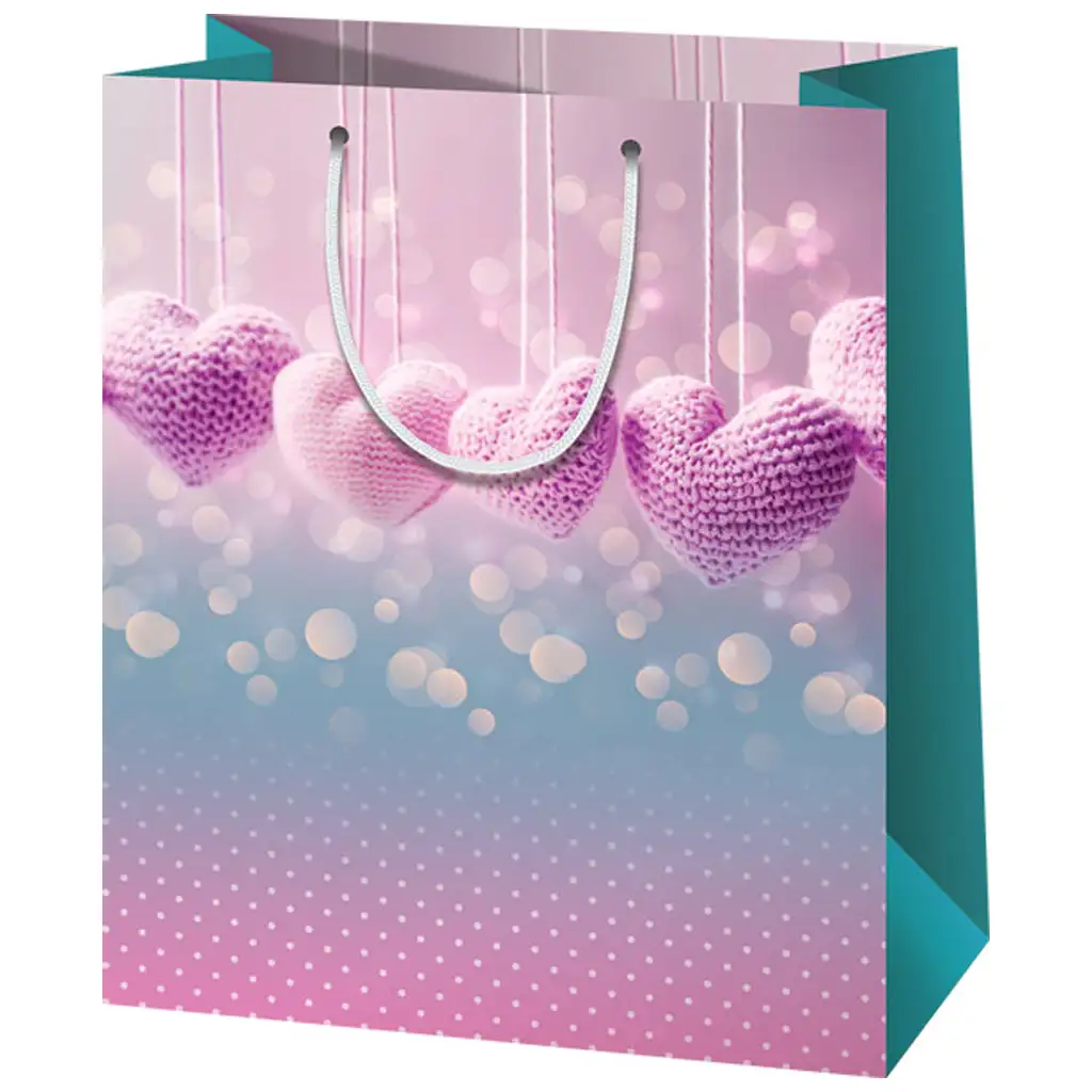 Háčkované srdcia stredne veľká darčeková taška 18x10x23 cm