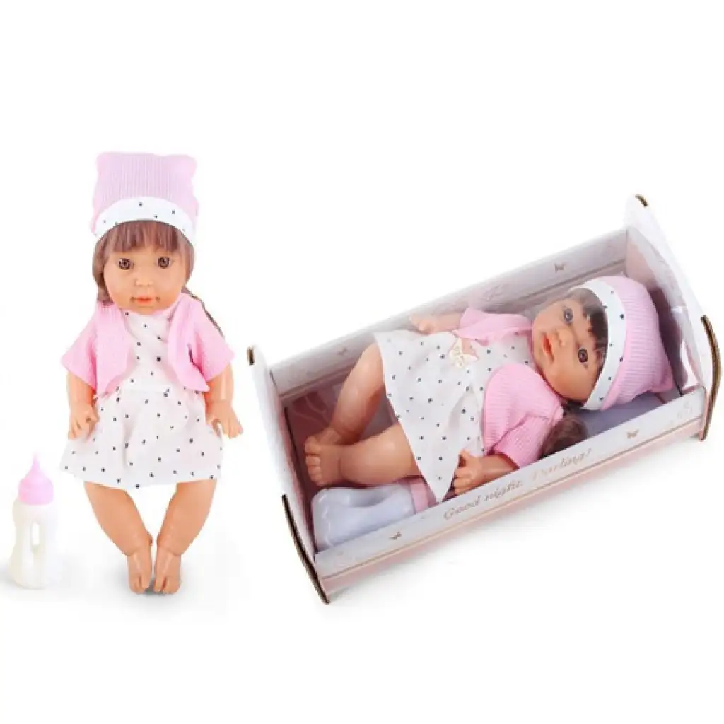 Cikajúca bábika vo hviezdičkových šatách so zvukom a postieľkou 30cm