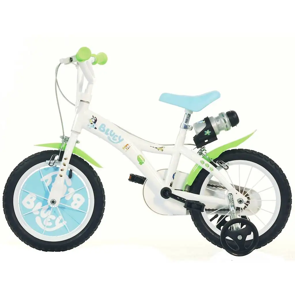 Detský bicykel Bluey 14” s držiakom na fľašu a bočnými kolieskami v bielo-modro-zelenej farbe – bicykel Dino Bikes kép 2