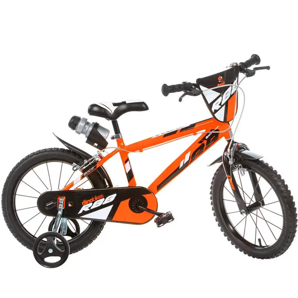 R88 14” gyerek bicikli kulacstartóval és oldalkerekekkel narancssárga-fekete színben – Dino Bikes kerékpár kép 1