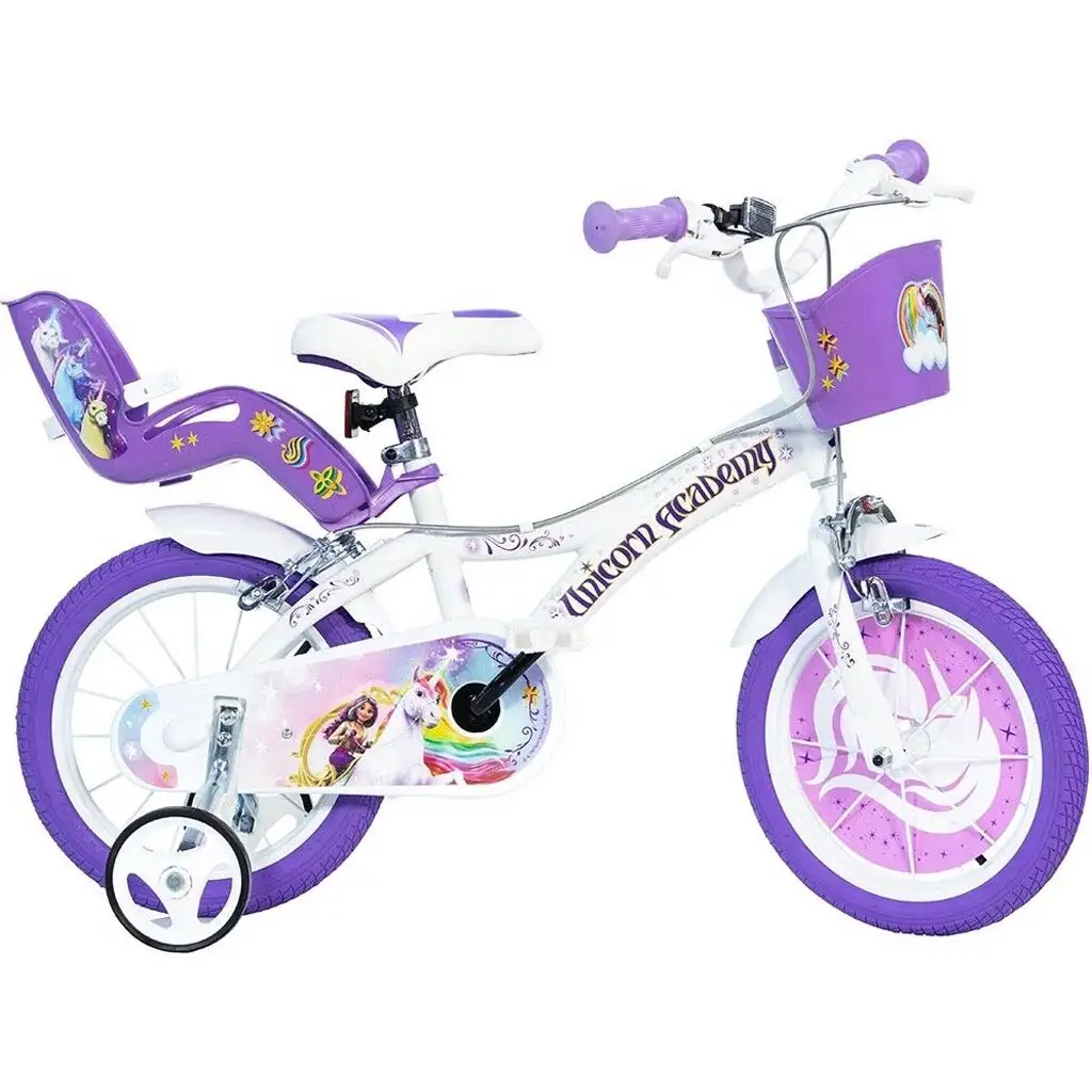 Unicorn Academy 16” detský bicykel s košíkom a sedadlom pre bábiku v fialovo-bielej farbe – Dino Bikes bicykel