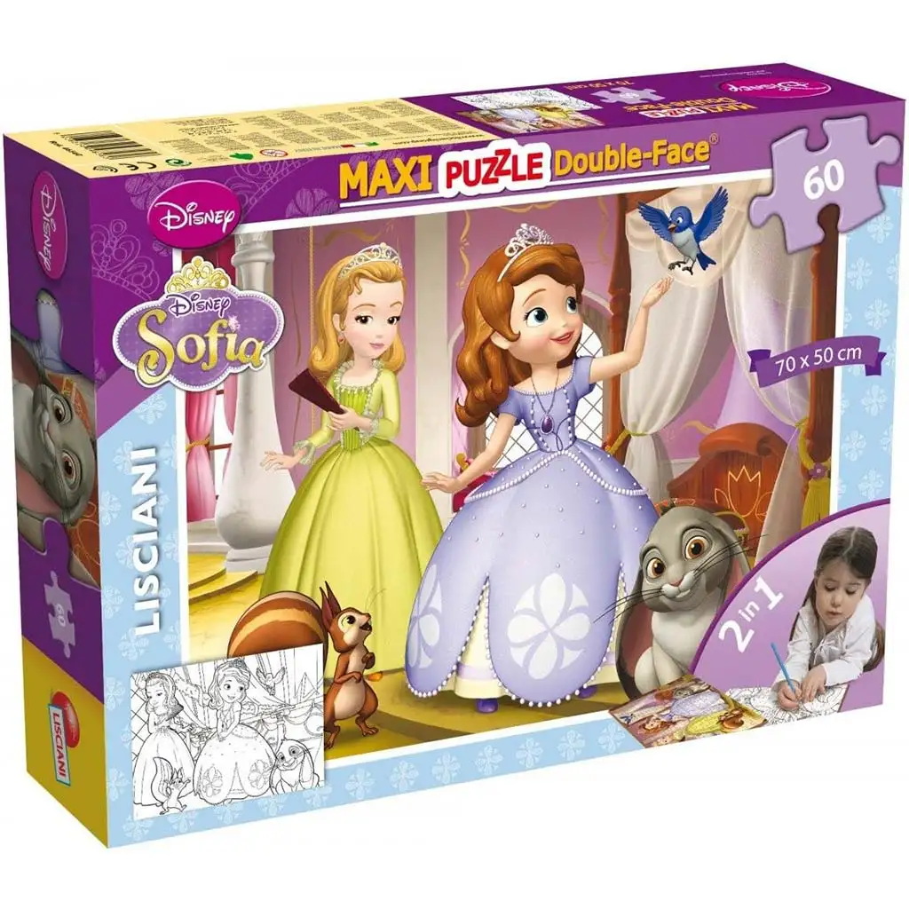Disney Princezná Sofia 2 v 1 60-dielne maxi puzzle a omaľovánka 70x50 cm - Lisciani