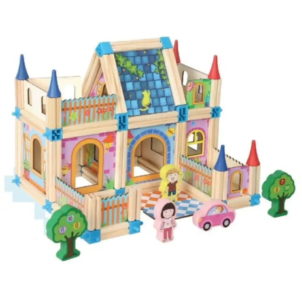 Drevená pestrofarebná vila, hrací set s príslušenstvom kép 2