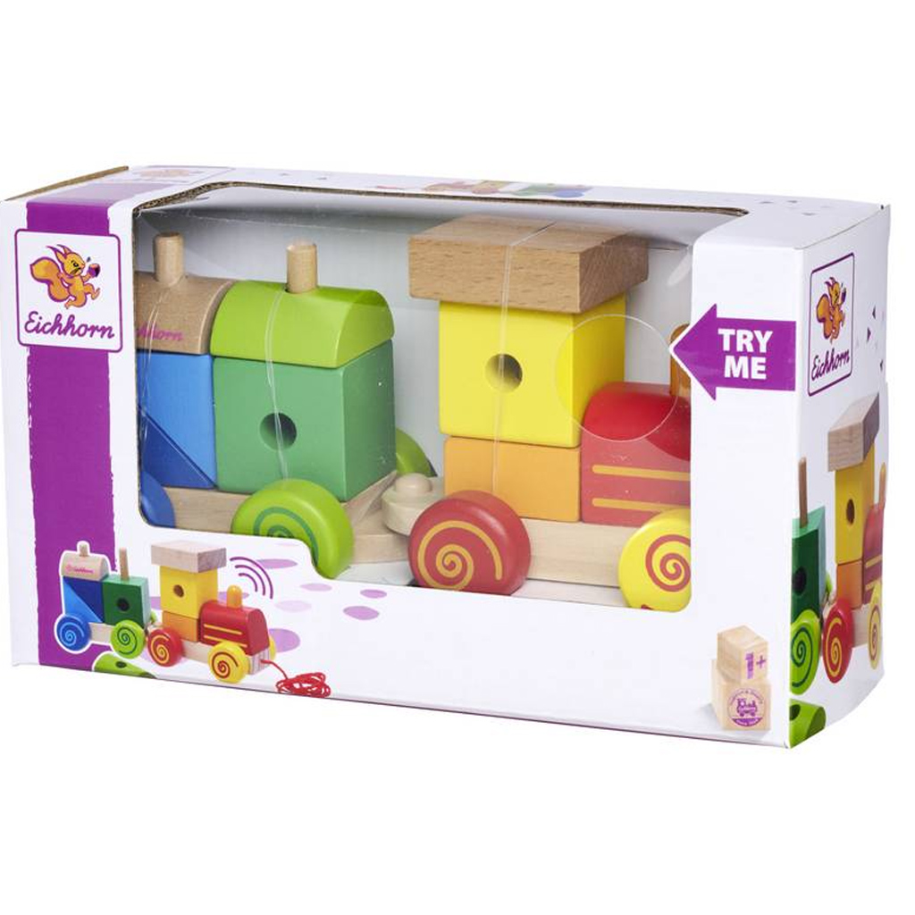 Ťahací farebný drevený vláčik so stavebnými kockami – Eichhorn