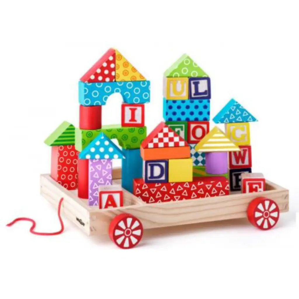 ABC drevený vozík so  stavebnými a písmenkovými kockami