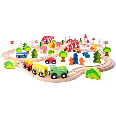 Drevená železničná dráha s mostom a stanicou - Woodyland