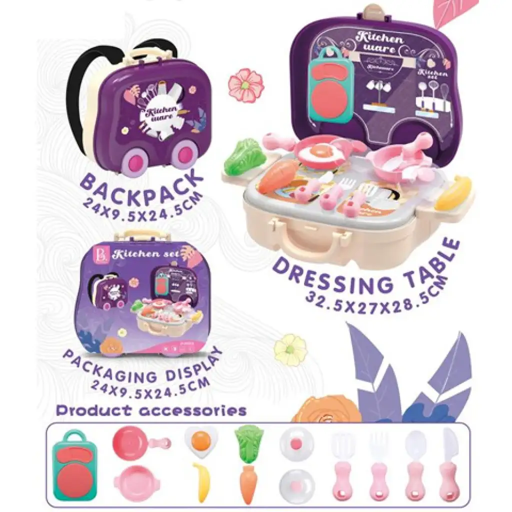 Fialový kuchynský set 2v1 v kufri na kolieskach s príslušenstvom