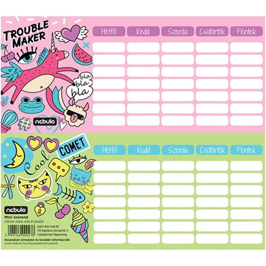 Nebulo: Girl Power jednostránkový, obojstranný mini rozvrh hodín