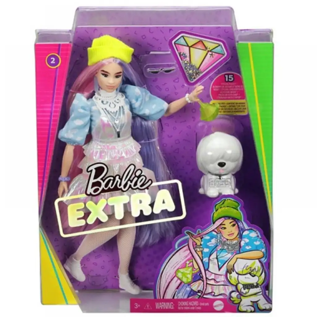 Barbie Extra: Baba csillogó ruhában, kiskedvenccel - Mattel kép 1