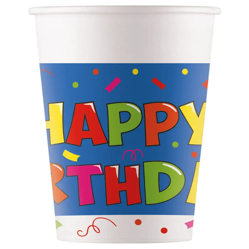 Kékfehér alapú szülinapi "Happy Birthday" feliratú papírpohár 8db-os szett 200ml kép 1