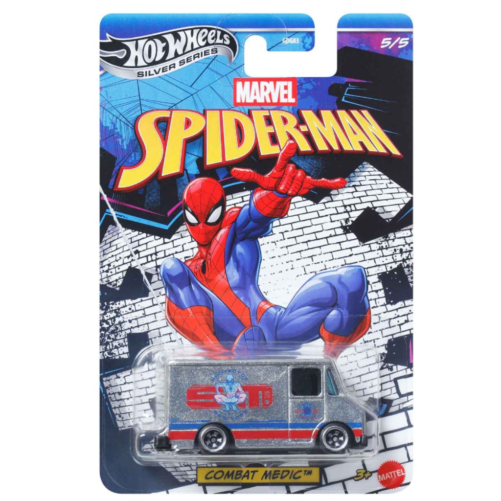 Hot Wheels Strieborná séria: Marvel Spider-Man Combat Medic autíčko 1/64 - Mattel