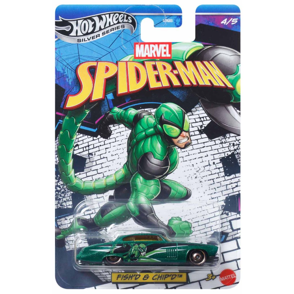 Hot Wheels Strieborná séria: Marvel Spider-Man Fish’d & Chip’d autíčko 1/64 - Mattel