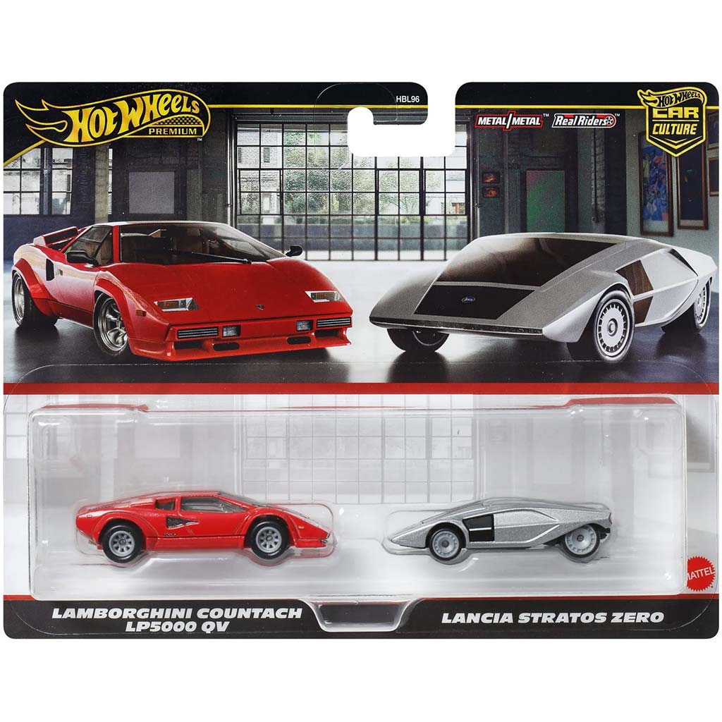Hot Wheels Deluxe autíčka, balenie 2 ks: Lamborghini Countach LP5000 QV a Lancia Stratos Zero – Mattel