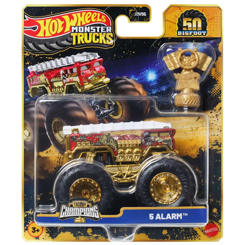 Hot Wheels Monster Trucks: 5 Alarm šampiónske autíčko s trofejou 1/64 - Mattel