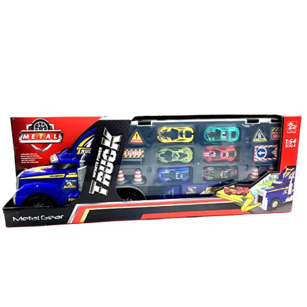 Kamión na prepravu áut s autíčkami a dopravnými značkami