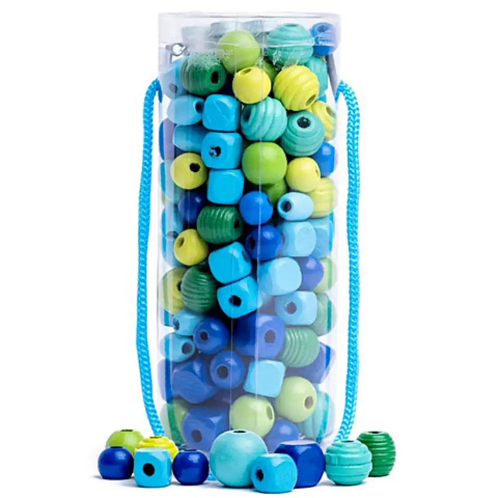 Modré drevené perličky v tégliku