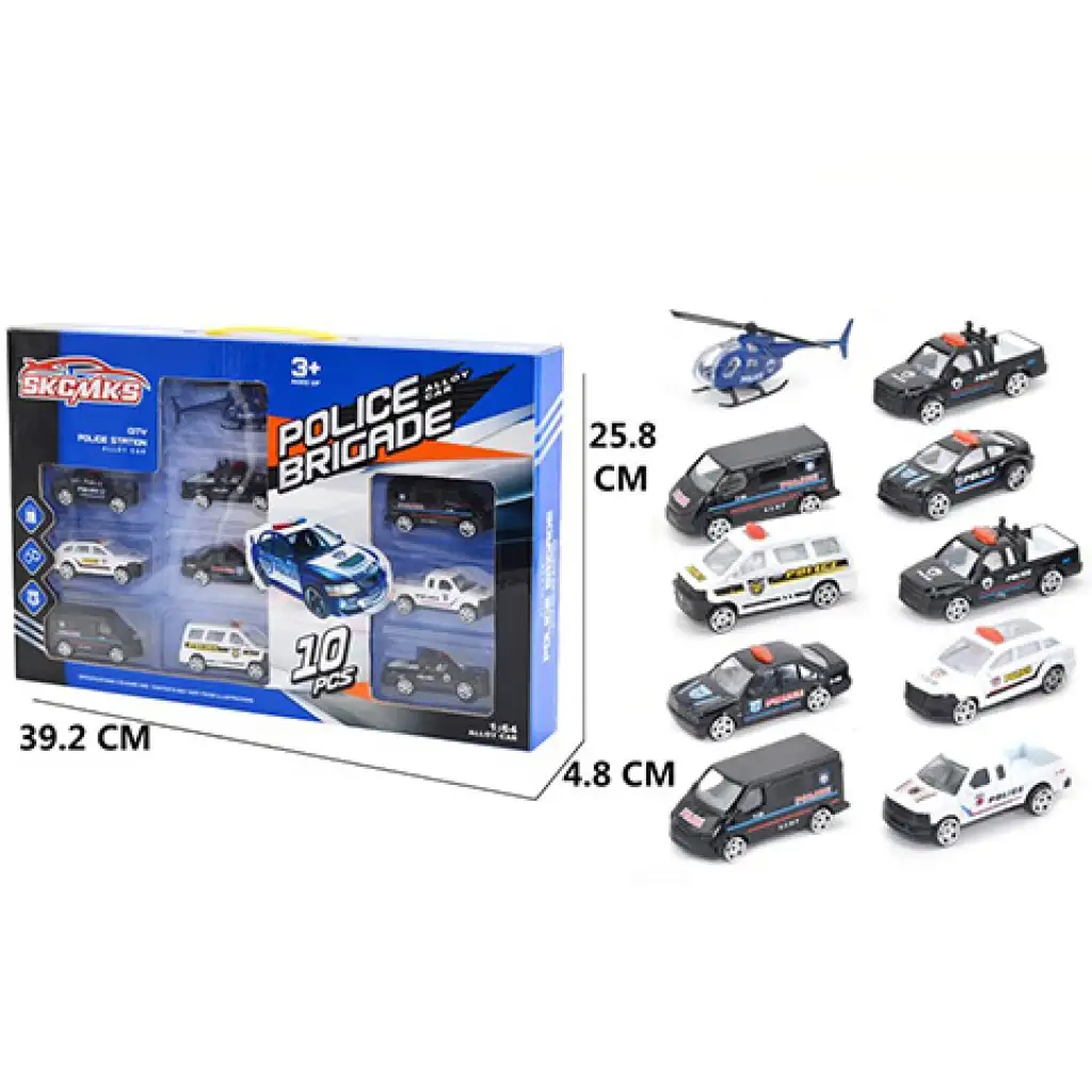 Kovové policajné autíčka s vrtuľníkom 10 dielny set