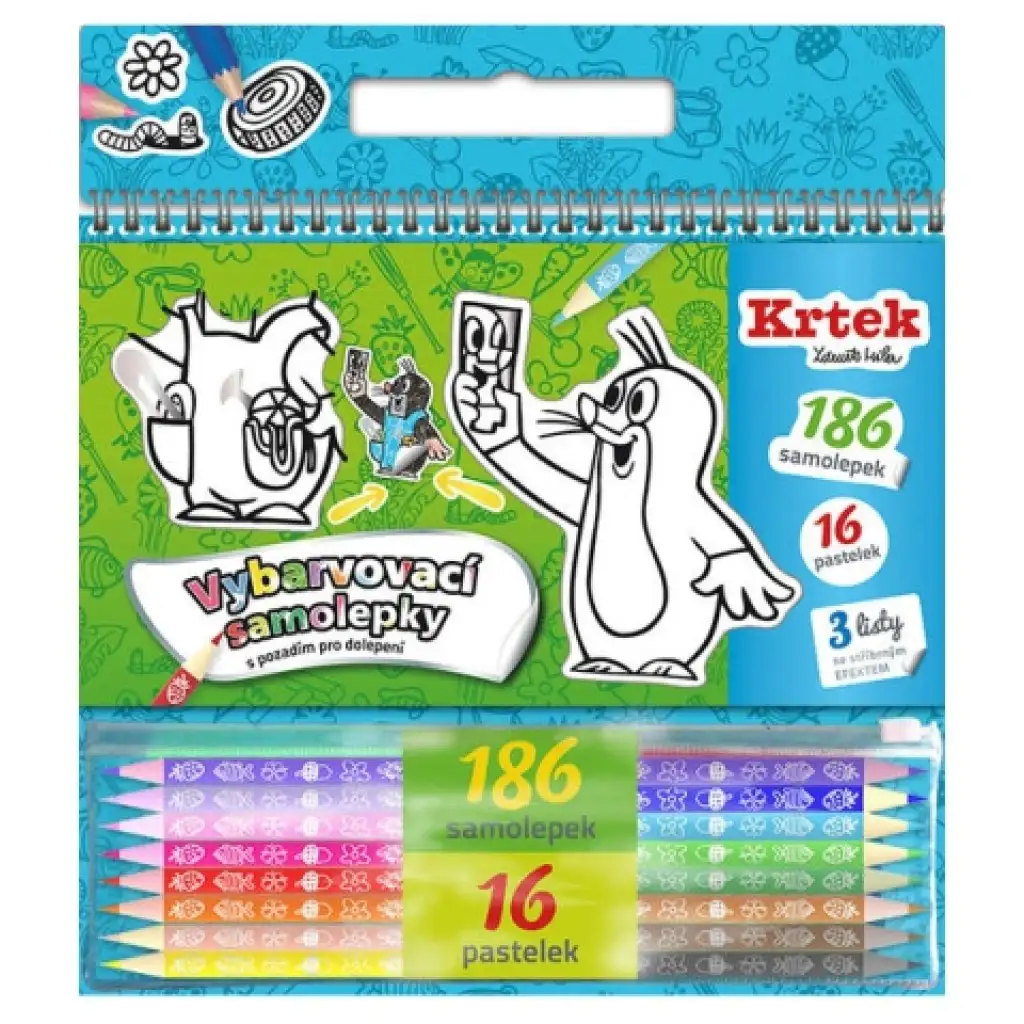 Krtko nálepky na vymaľovanie 186 dielny set so 16 farebnými ceruzkami