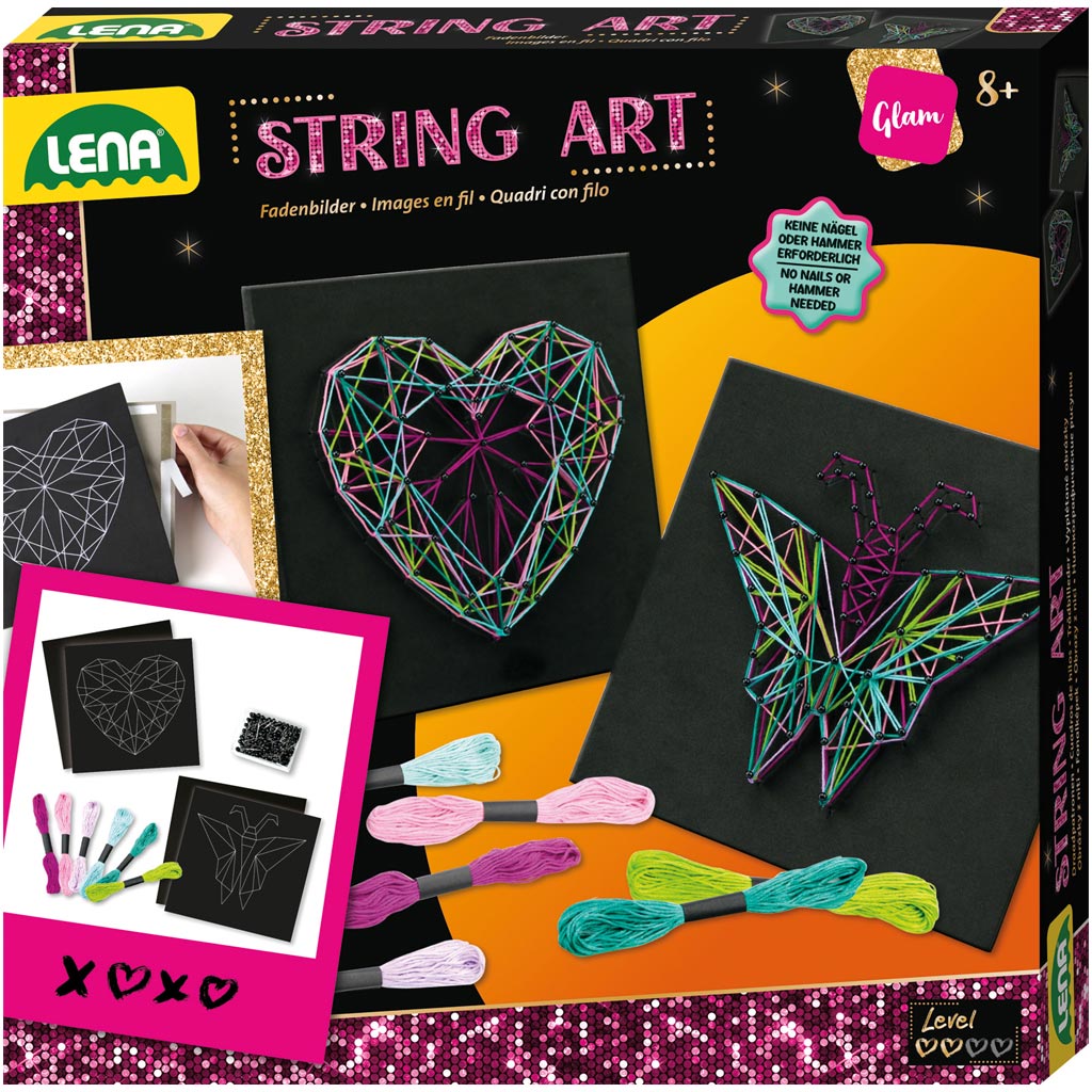 LENA: Kreatívna súprava na tvorbu obrázkov z priadze s motívom motýľa a srdca