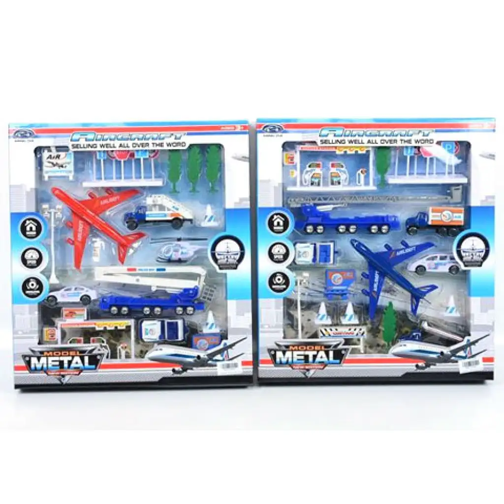 Letiskový hrací set s lietadlami a dopravnými tabuľami, dva druhy