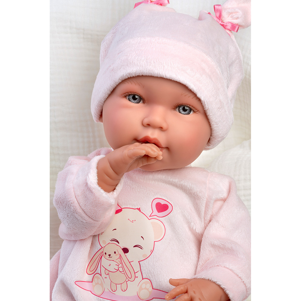 Llorens: Abril 42 cm plačúca bábika v čiapke s králičími uškami so spacím vakom kép 3
