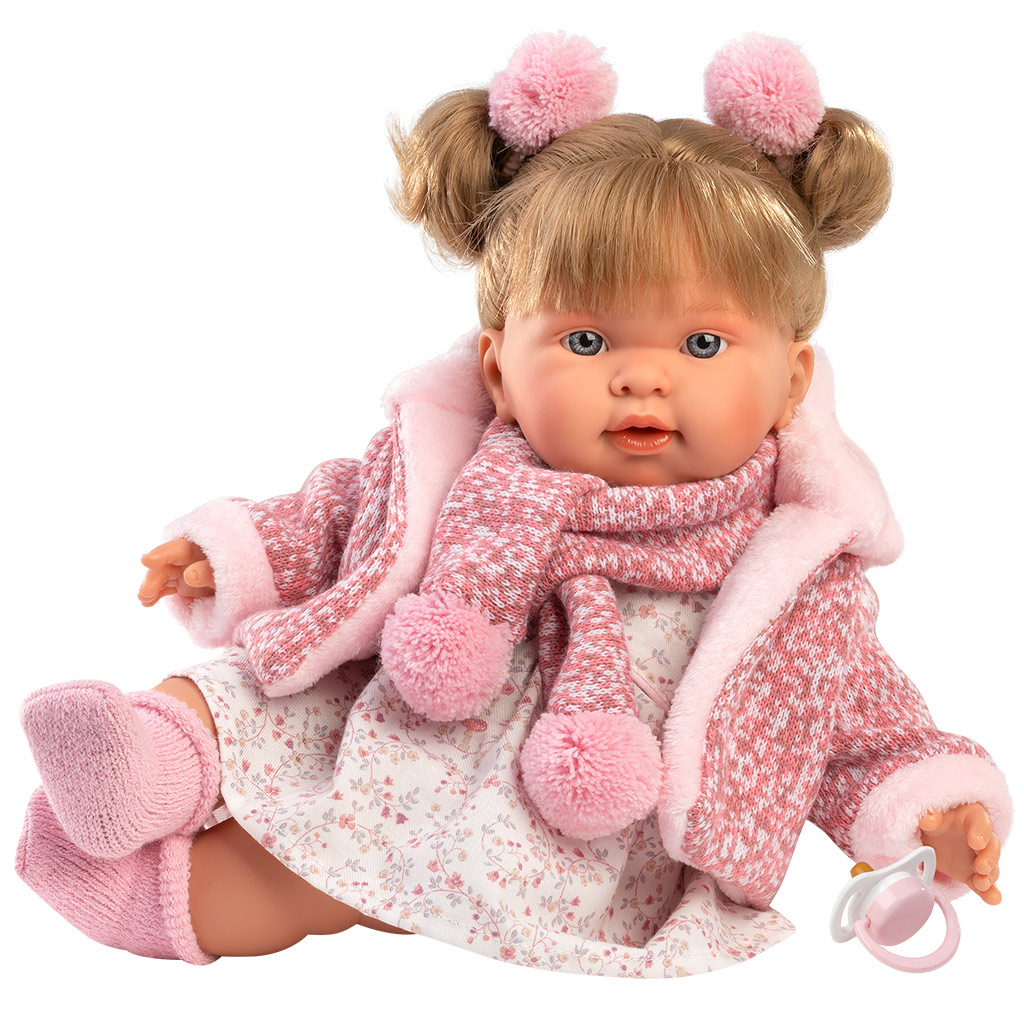 Llorens: Alexandra, 42 cm plačúca bábika s cumlíkom v ružovom kabáte kép 2
