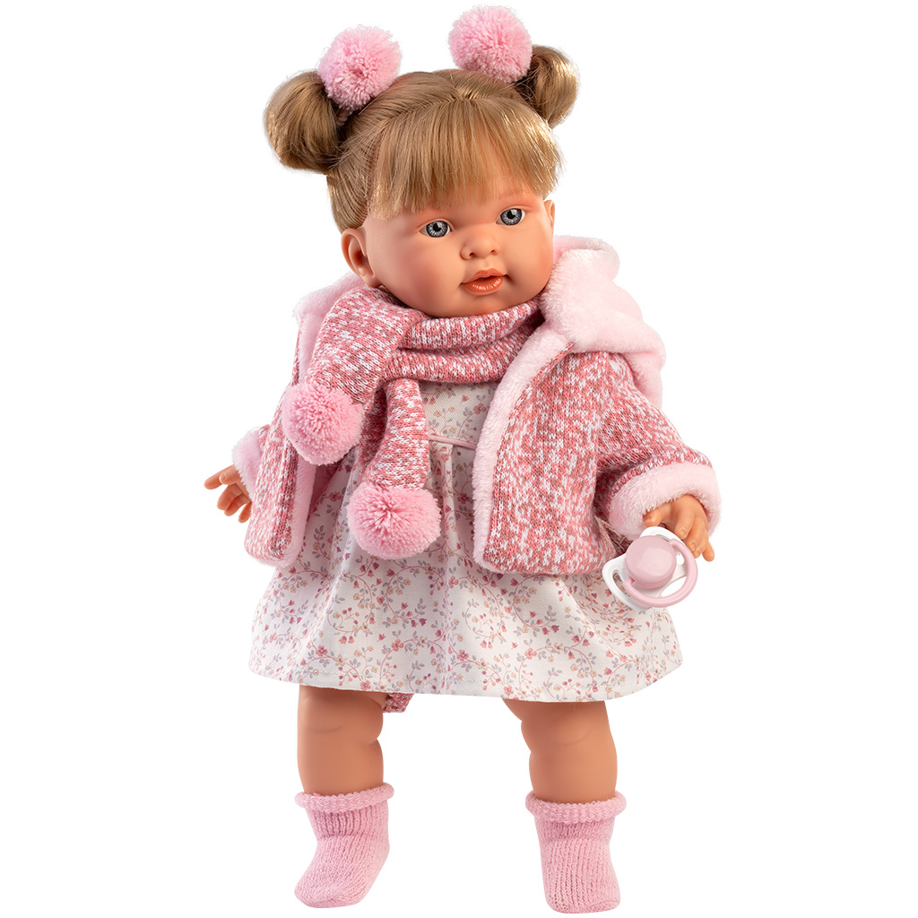 Llorens: Alexandra, 42 cm plačúca bábika s cumlíkom v ružovom kabáte