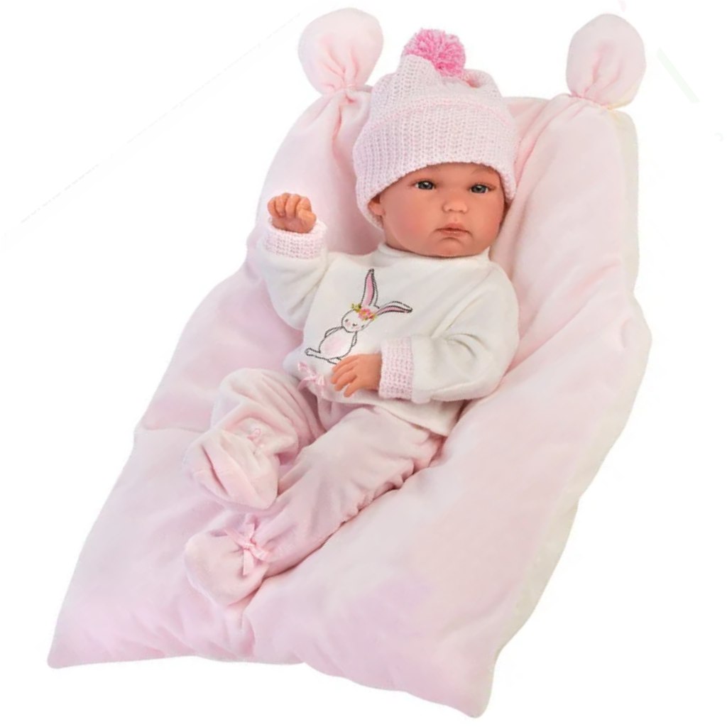 Llorens: Bimba novorodeniatko, dievčatko s vankúšom a pletenou čiapkou 35 cm