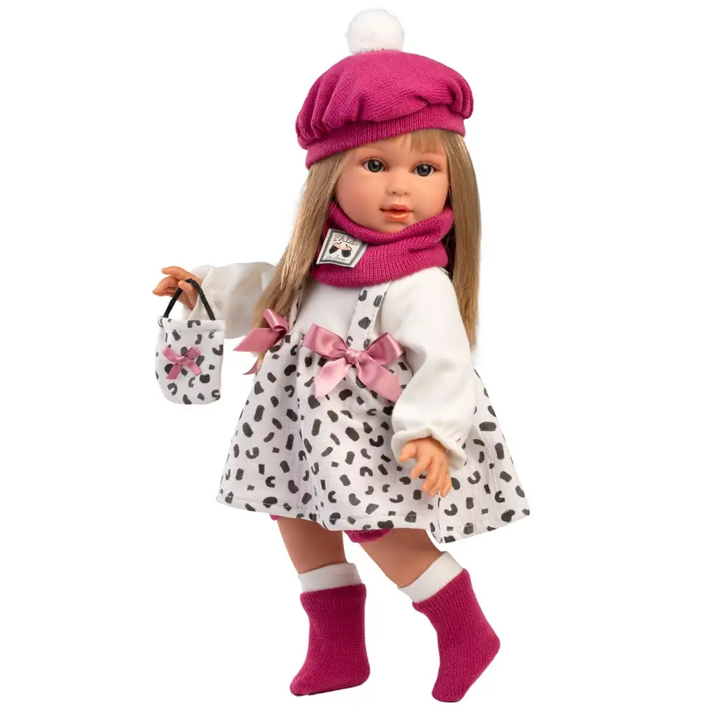 Llorens: 40 cm vysoká bábika Carla v ružovej čiapke s módnou kabelkou kép 2