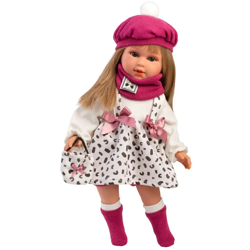 Llorens: 40 cm vysoká bábika Carla v ružovej čiapke s módnou kabelkou kép 3
