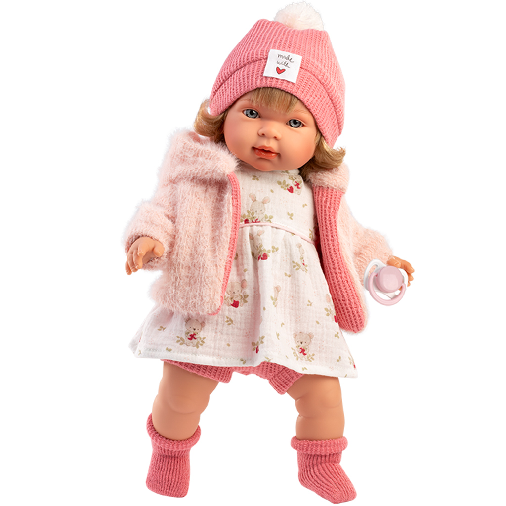 Llorens: Carla, plačúca 42 cm bábika s cumlíkom v čiapke so srdiečkami.