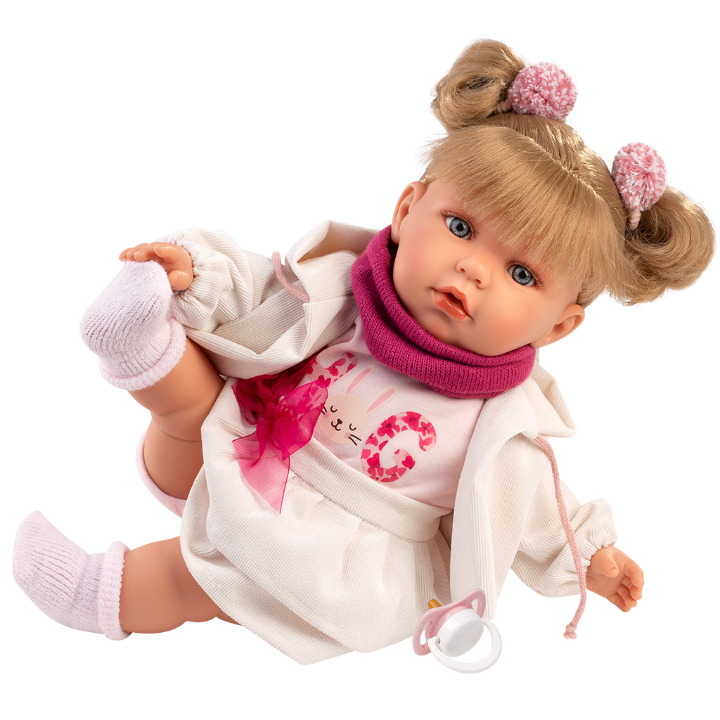 Llorens: Júlia, 42 cm vysoká plačúca bábika s cumlíkom v sukni s mašľou. kép 3