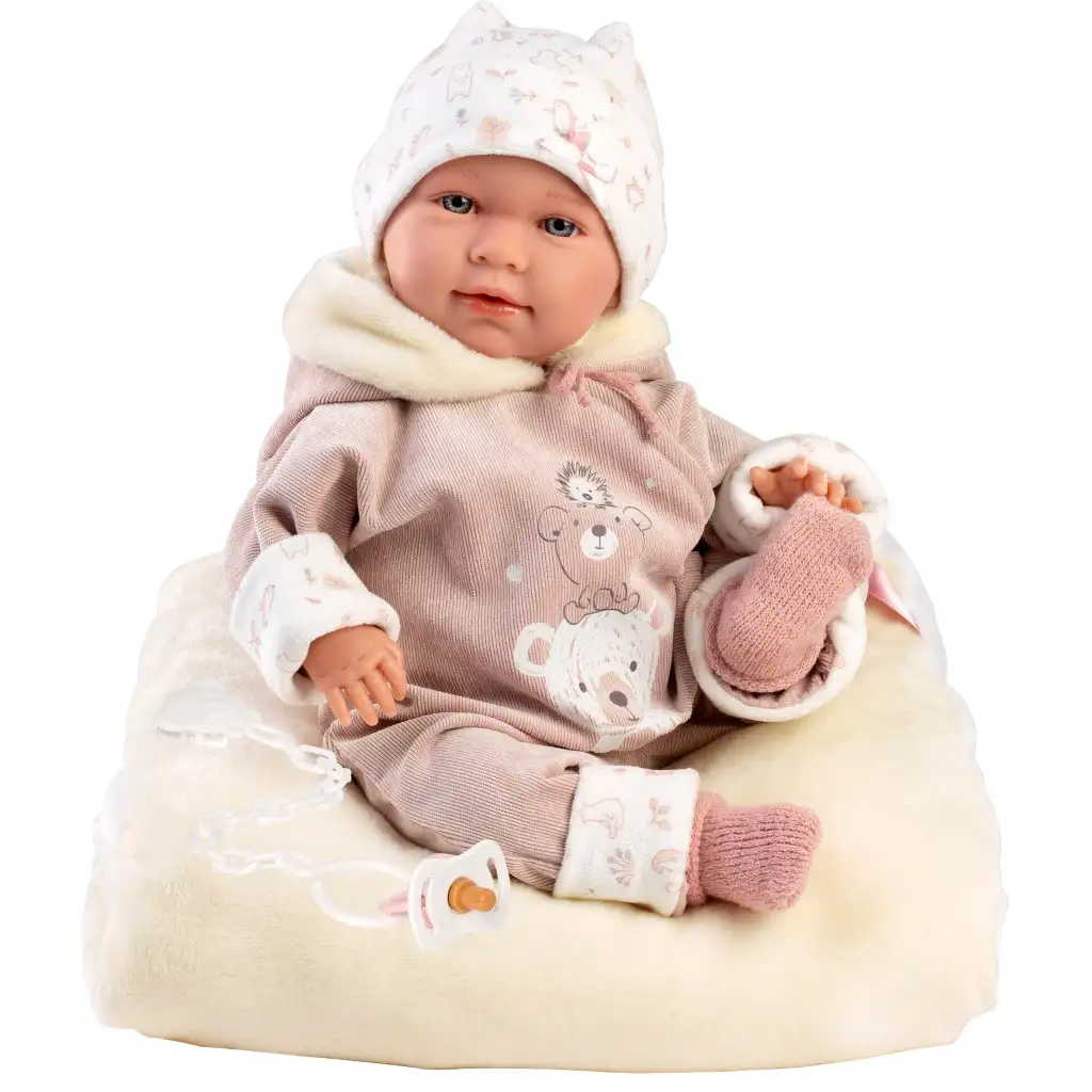 Llorens: Lala bábika 42 cm s hlasom v medvedíkovom oblečení, s detskou postieľkou. kép 2