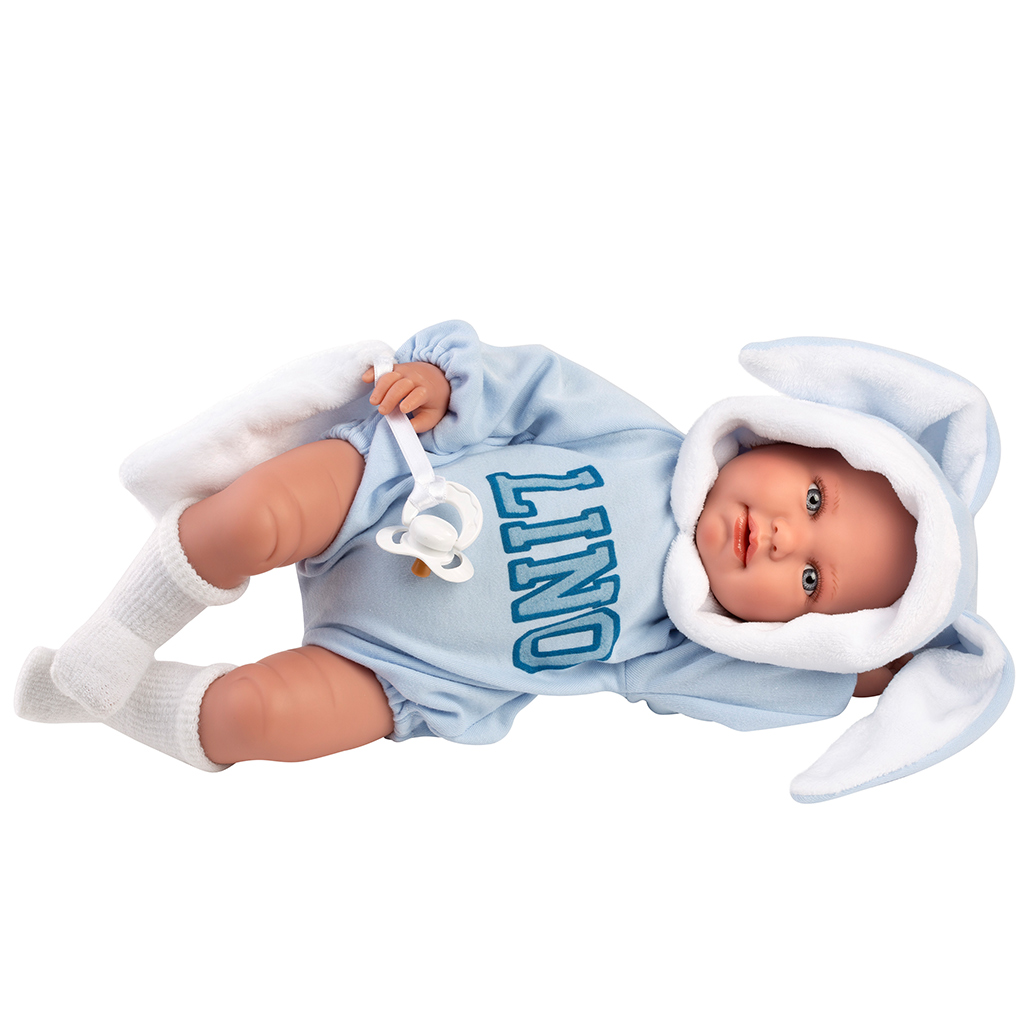 Llorens: Lino, plačúca 45 cm bábika v oblečení s králičími ušami. kép 3