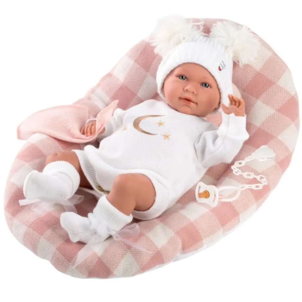 Llorens: Mimi Llorana 42cm plačúca bábika s kockovanou posteľou