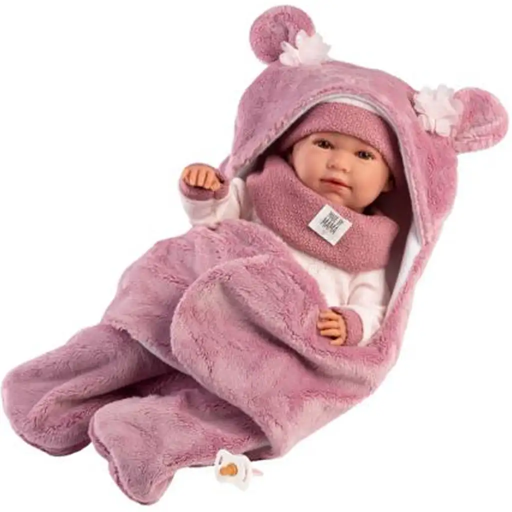 Llorens: Mimi 42 cm plačúca bábika s ružovým mäkkým spacím vakom s medvedími uškami kép 2