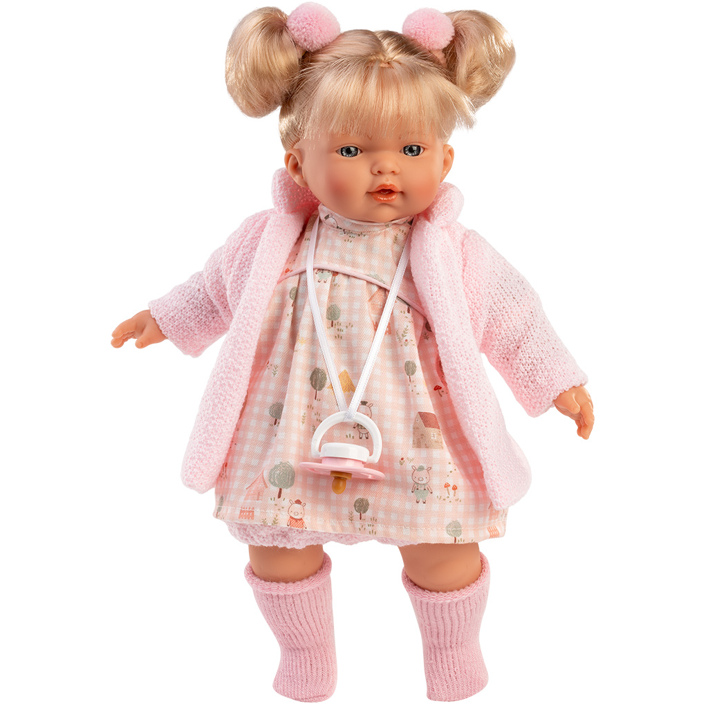 Llorens: bábika Roberta, 33 cm, s cumlíkom v ružovom kardigáne