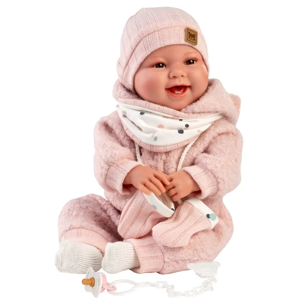 Llorens: Tala Sonrisas 44cm novorodenec s hlasom v ružovom overale kép 2