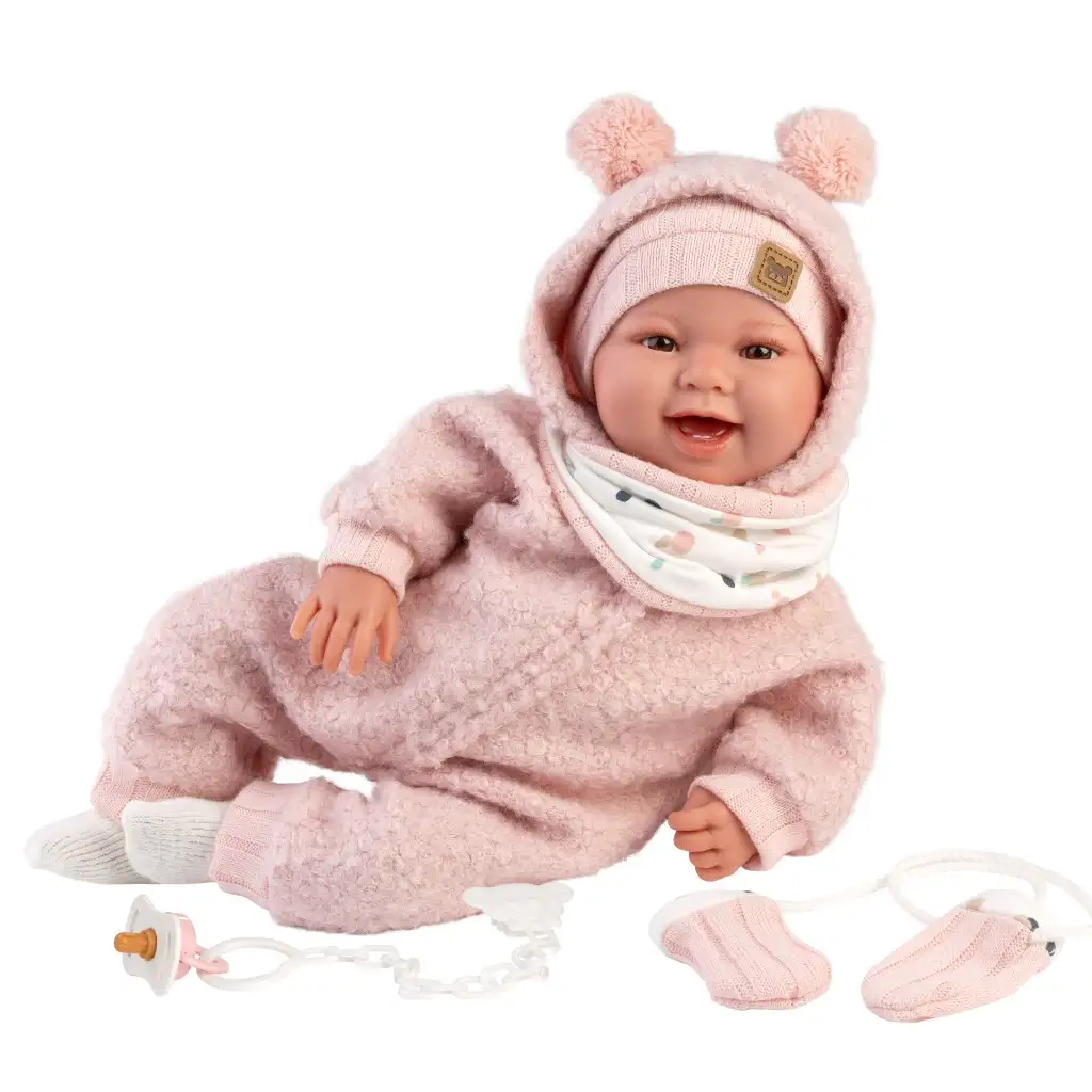 Llorens: Tala Sonrisas 44cm novorodenec s hlasom v ružovom overale kép 3
