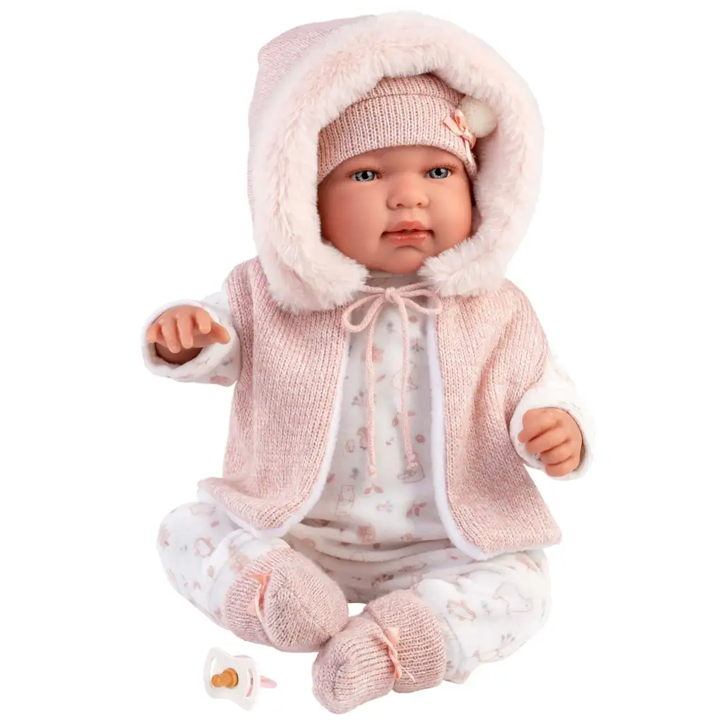 Llorens: Tina 44 cm novorodenec v ružovej kapucňovej veste. kép 4