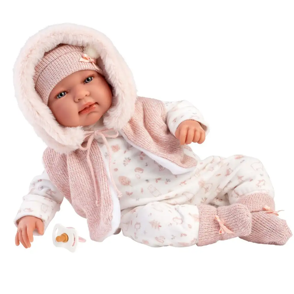 Llorens: Tina 44 cm novorodenec v ružovej kapucňovej veste.