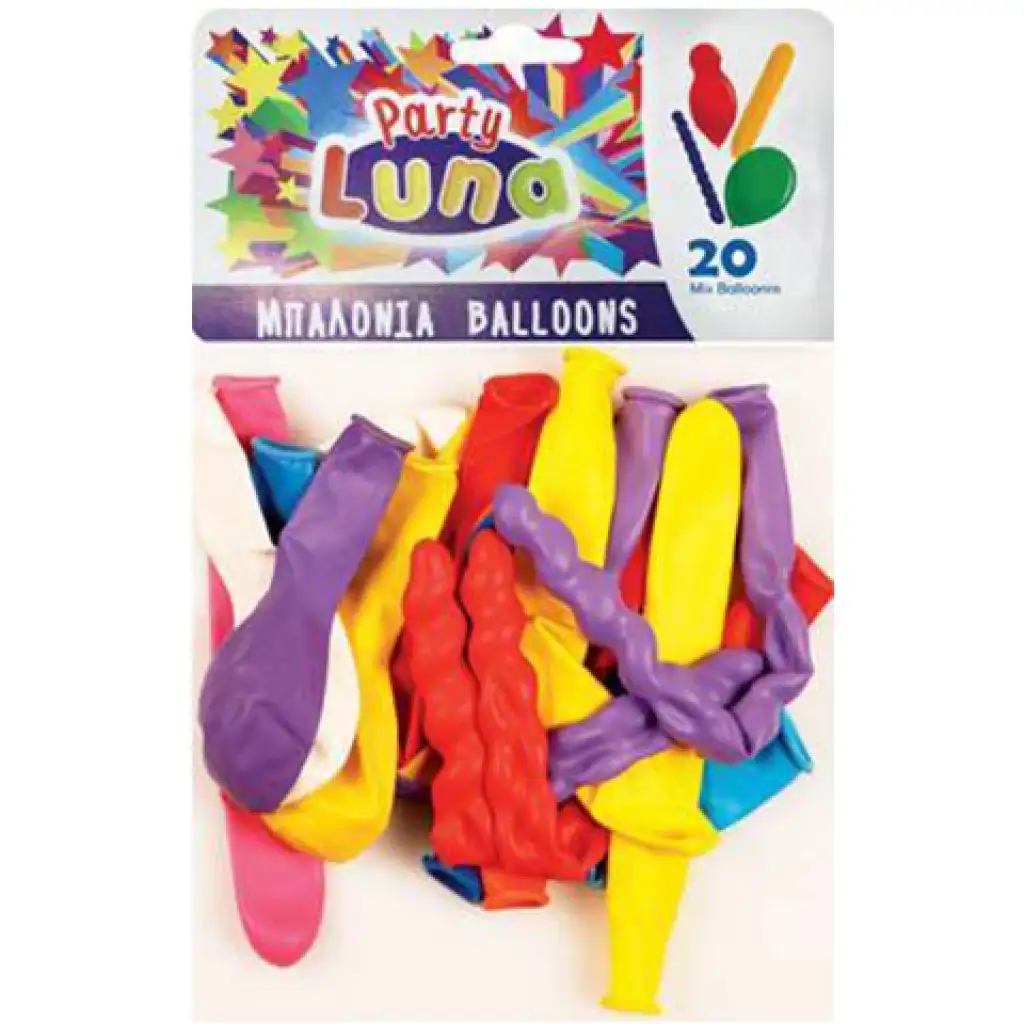 Luna: 20 dielny set farebných balónov rôznych tvarov