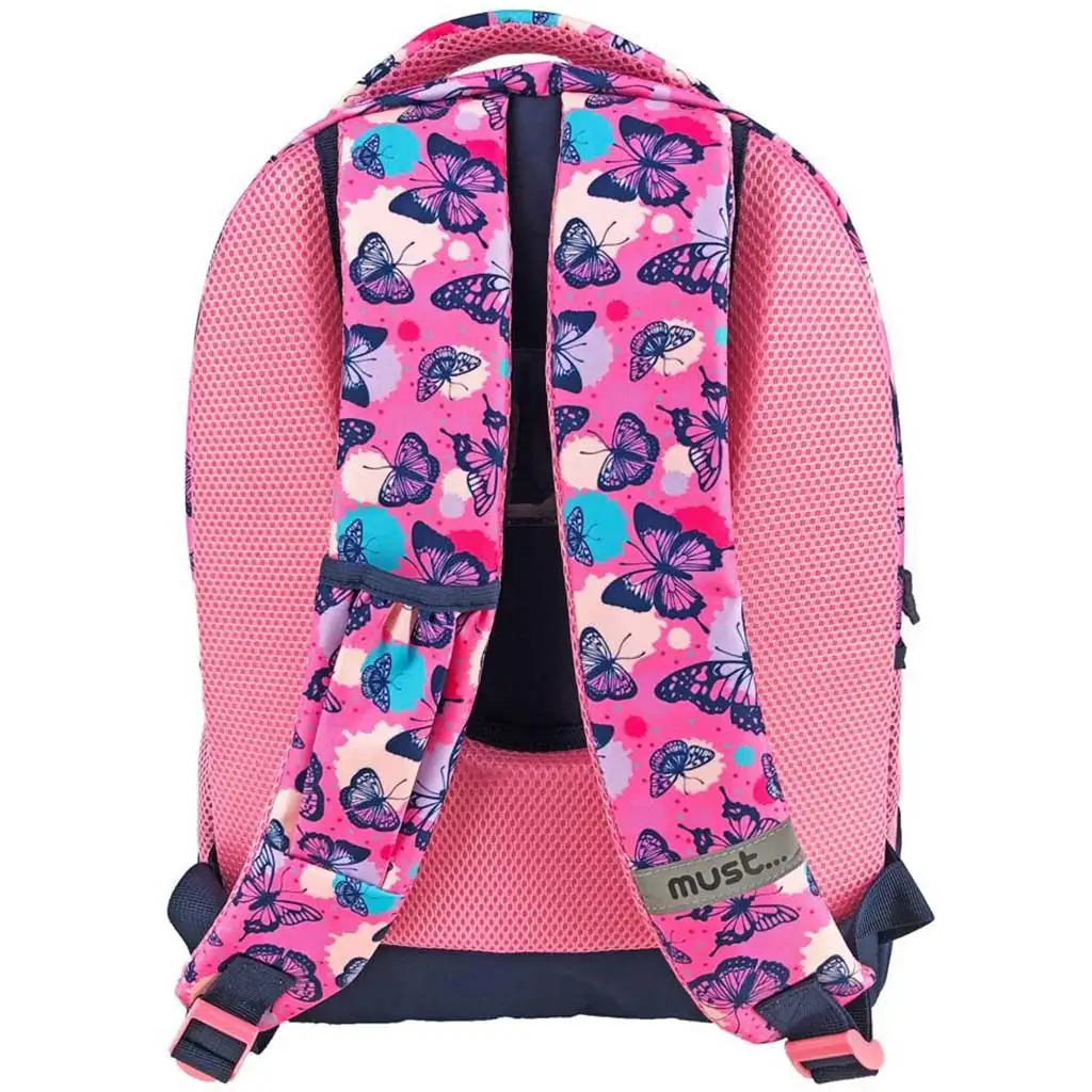 Must: Pillangó mintás háromrekeszes iskolatáska, hátizsák 32x18x43cm kép 2