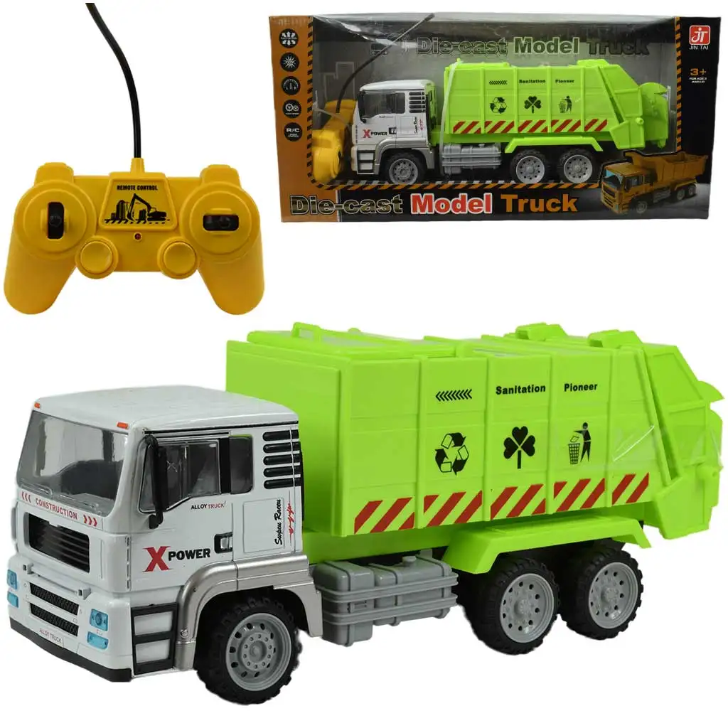 RC Távirányítós fém fülkés konténerszállító kukás teherautó fényeffektekkel 27MHz 1/12-es méretarány 36cm kép 1