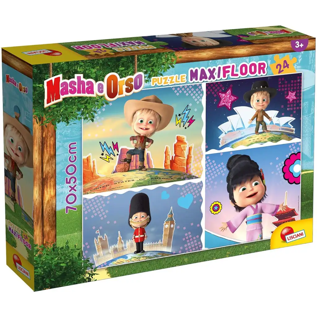 Máša a medveď: Máša spoznáva svet 24-dielna maxi podlahová skladačka 70x50 cm – Lisciani