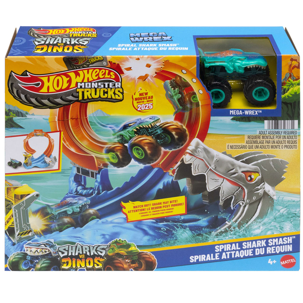 Hot Wheels Monster Trucks: Spiral Shark Smash herná súprava s autíčkom Mega-Wrex – Mattel